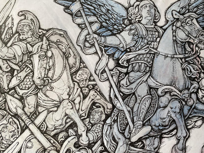 Ink painting Archangels in battle Oleg Litvinov