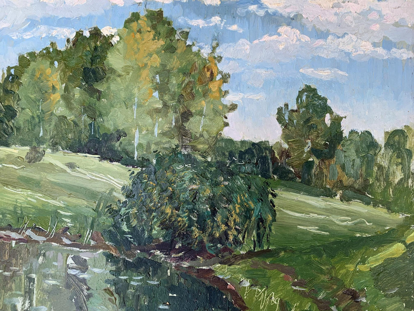 A tranquil scene depicted in A. G. Cherkas' oil painting of a forest-fringed lake