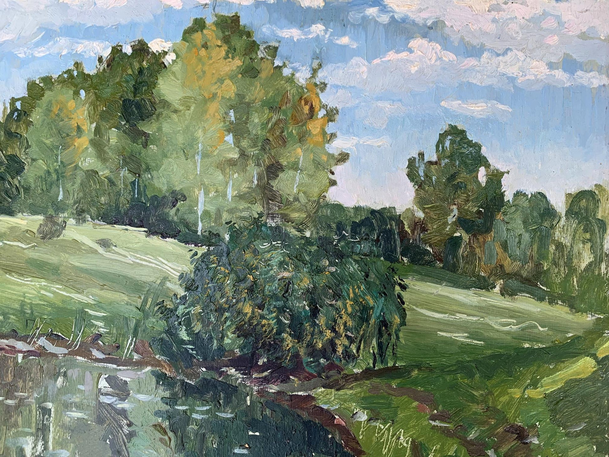 A tranquil scene depicted in A. G. Cherkas' oil painting of a forest-fringed lake