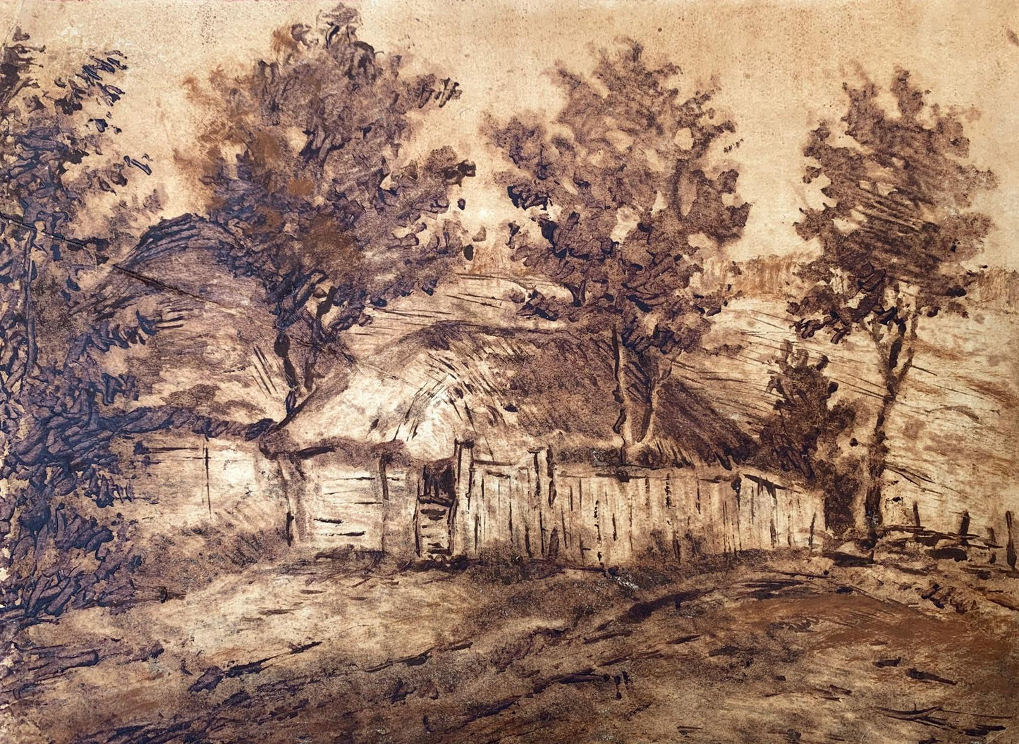 Sepia painting A lonely house in the forest A. G. Cherkas