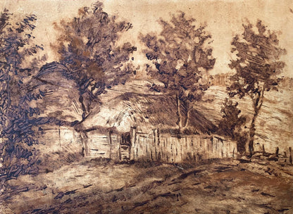 Sepia painting A lonely house in the forest A. G. Cherkas