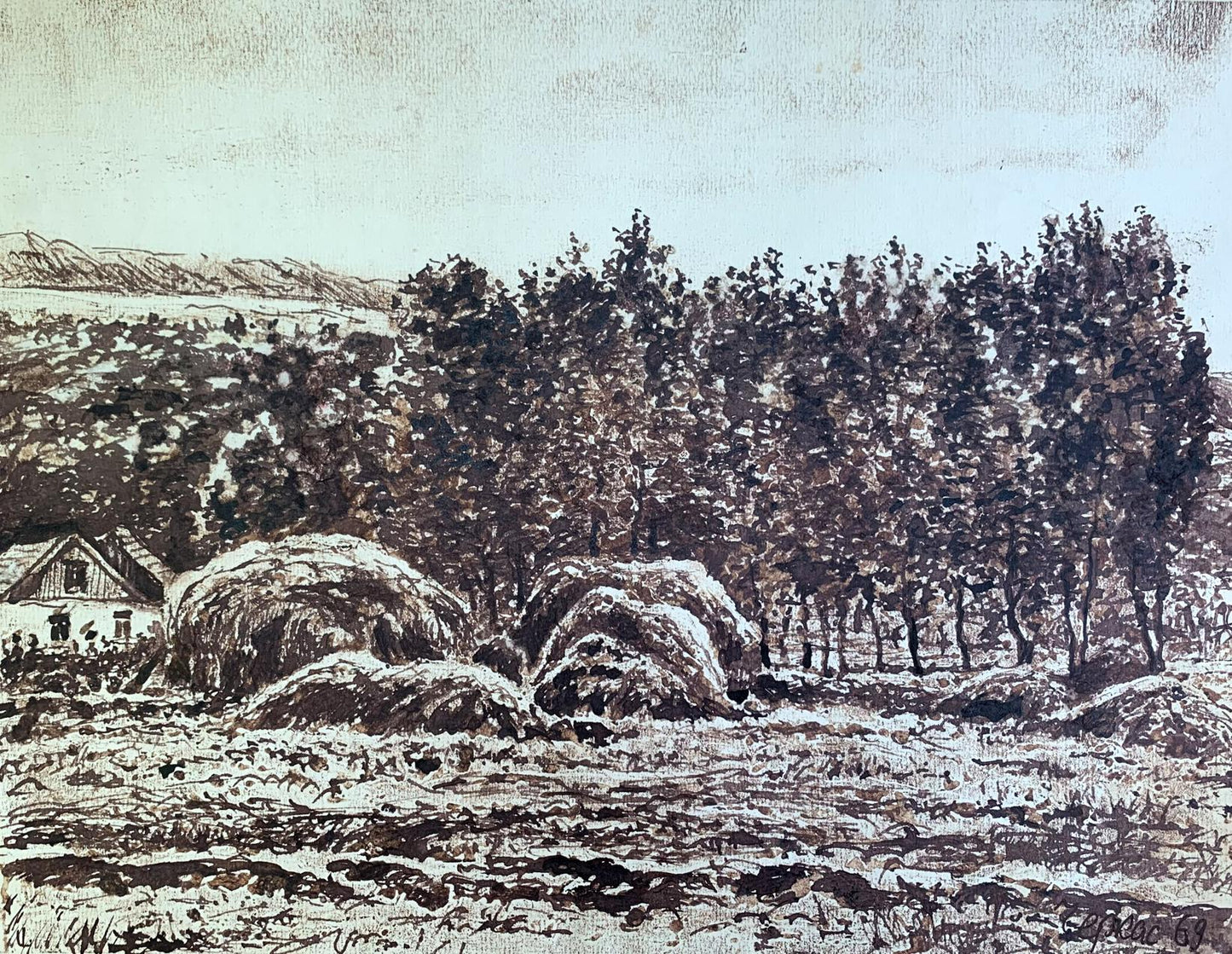 Sepia painting Rural houses A. G. Cherkas