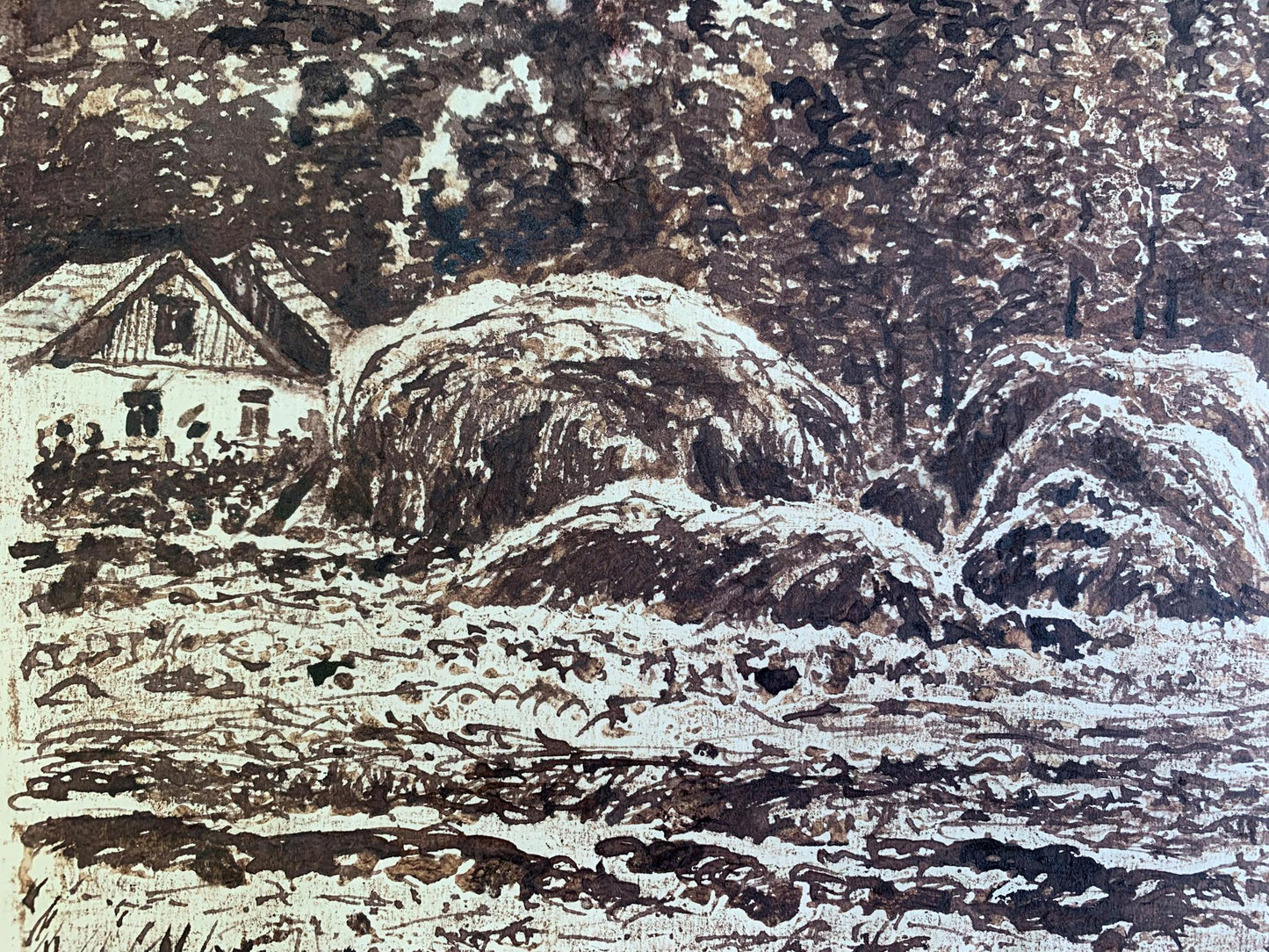 Sepia painting Rural houses A. G. Cherkas