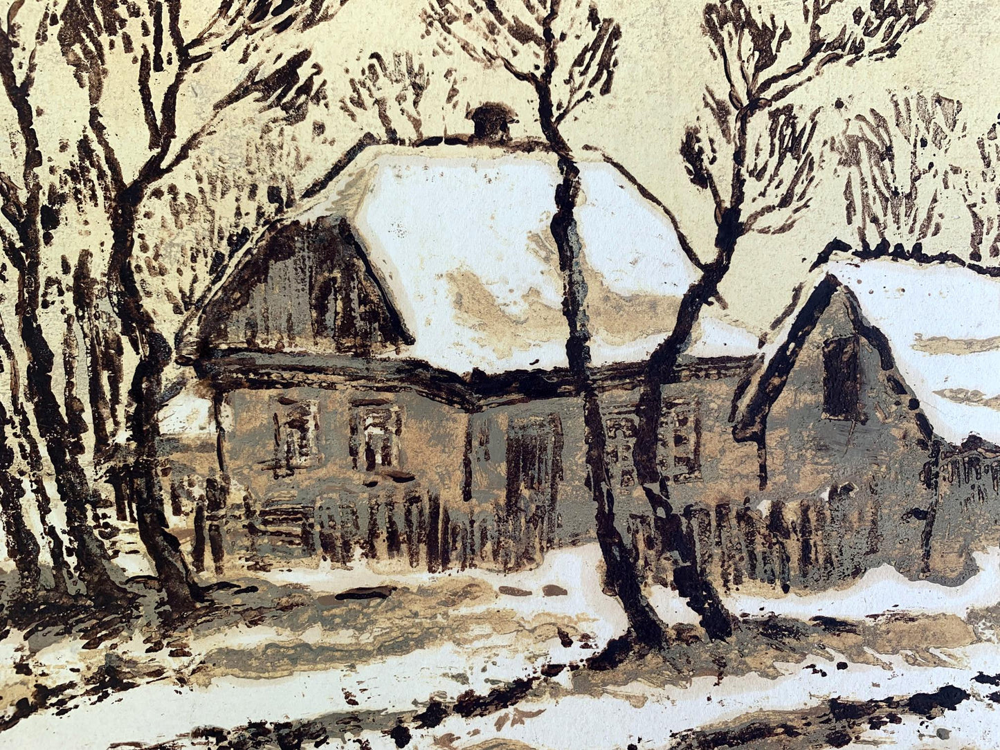 Watercolor painting Winter houses A. G. Cherkas