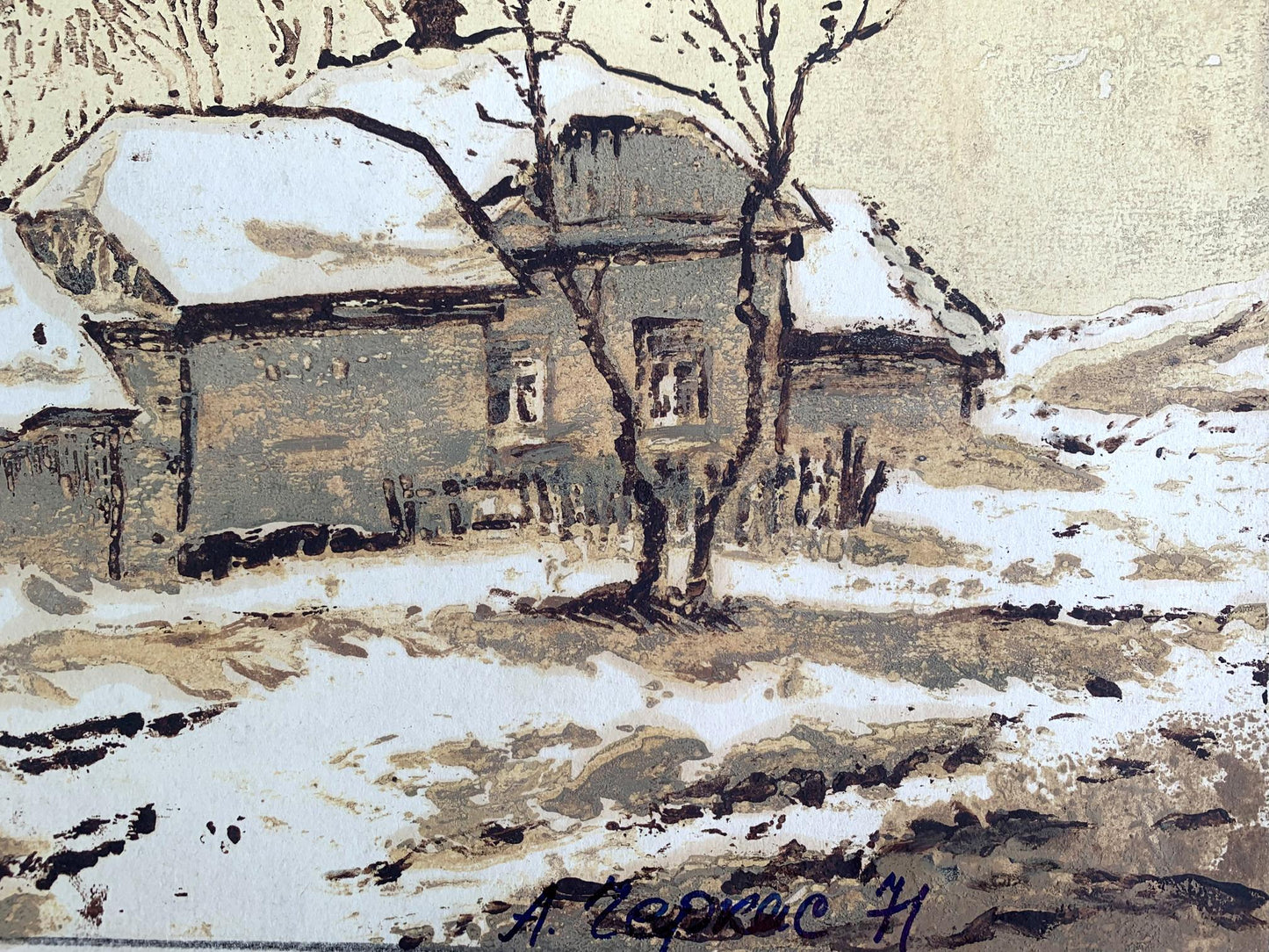 Watercolor painting Winter houses A. G. Cherkas