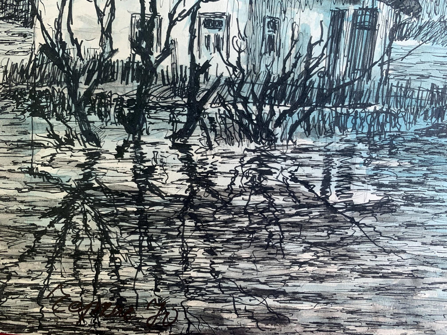 Ink painting Houses after the rain A. G. Cherkas
