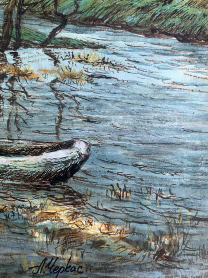 Watercolor painting Boat on the lake A. G. Cherkas