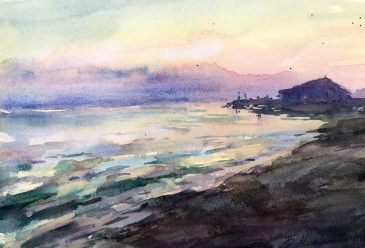 Watercolor painting Watching the sunset on the shore Viktor Mikhailichenko