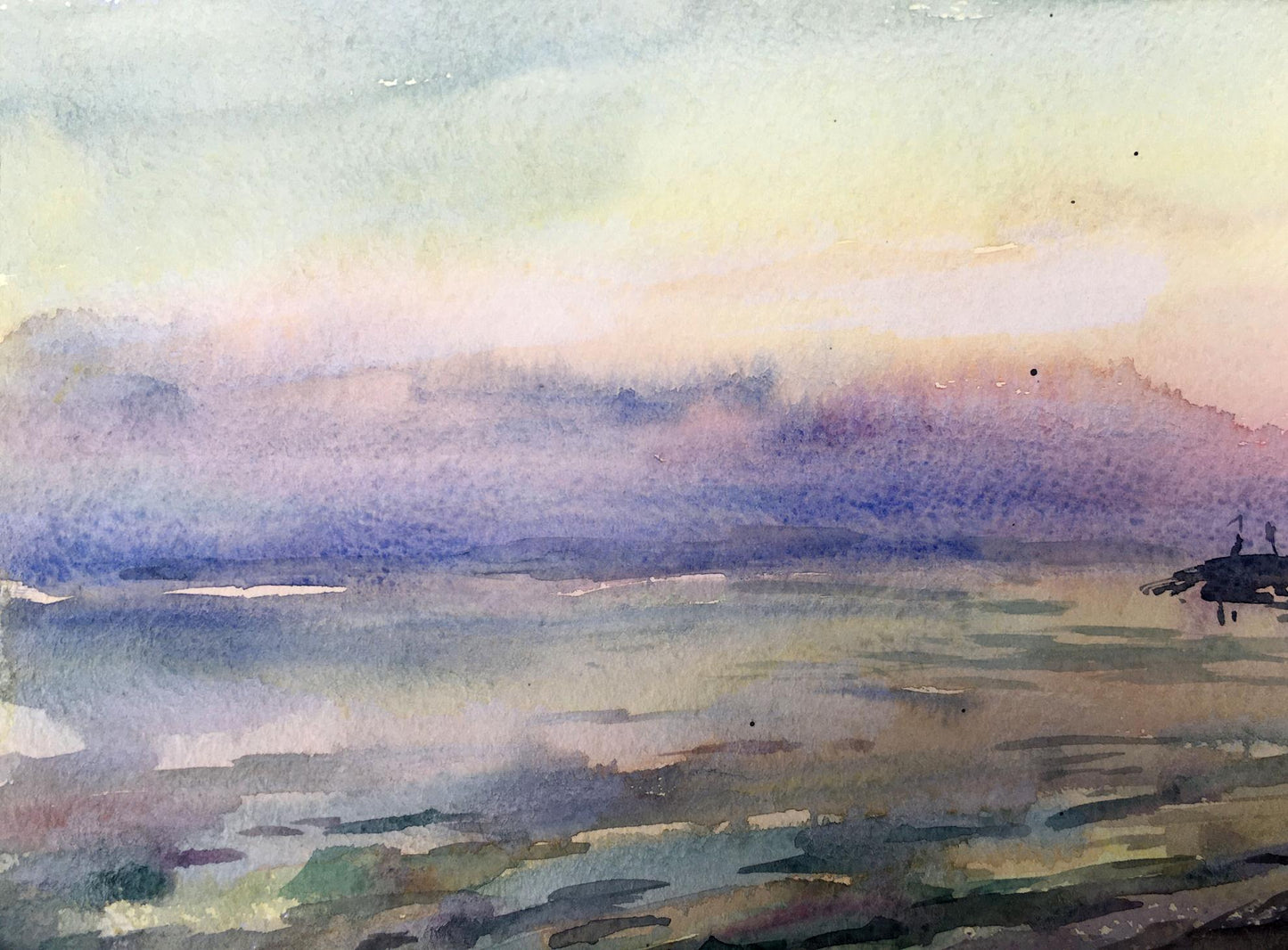 Watercolor painting Watching the sunset on the shore Viktor Mikhailichenko