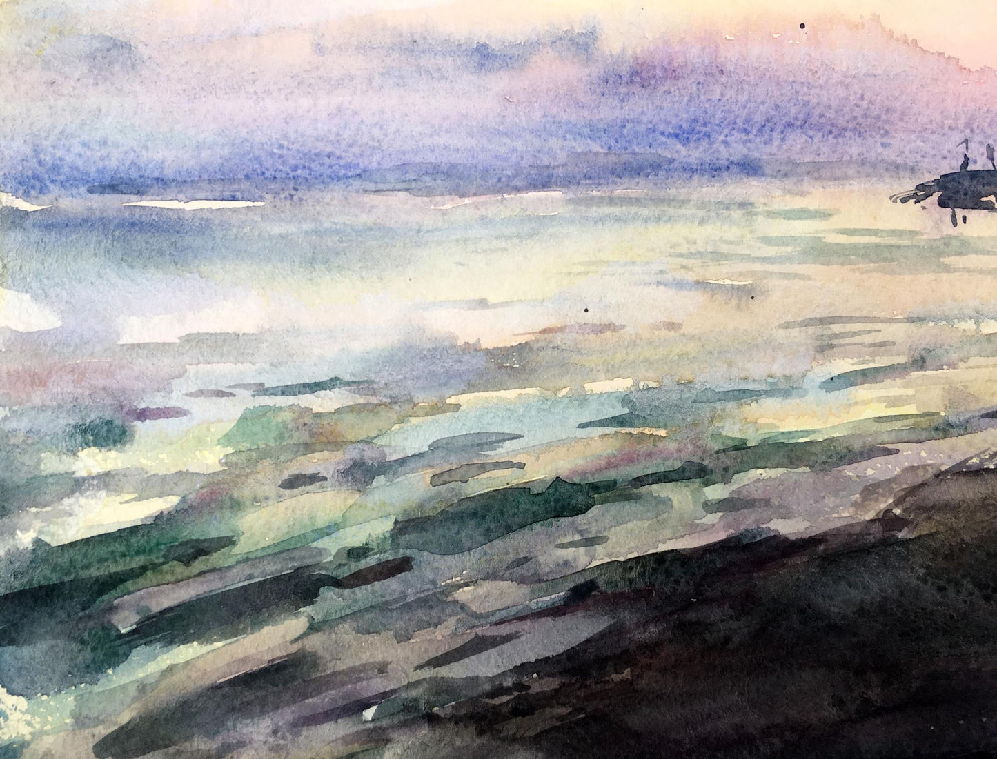Watercolor painting Watching the sunset on the shore Viktor Mikhailichenko