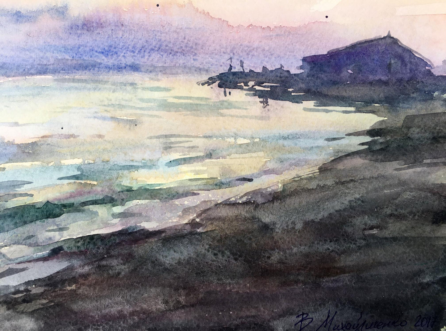 Watercolor painting Watching the sunset on the shore Viktor Mikhailichenko