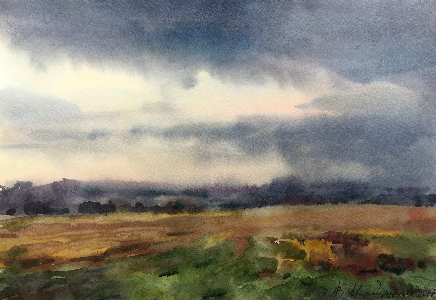 Watercolor painting In a field before a thunderstorm Viktor Mikhailichenko