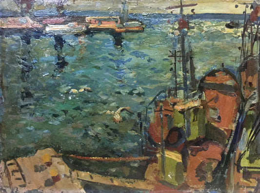 Oil painting River port Karelin Vyacheslav