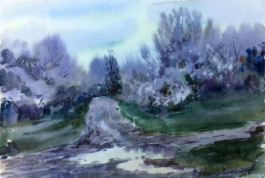 Watercolor painting At the crossroads Viktor Mikhailichenko