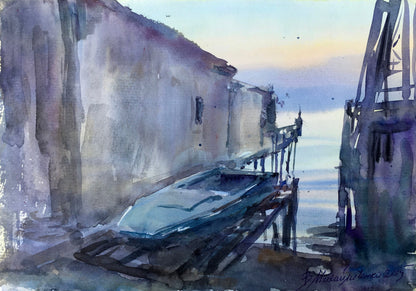 Watercolor painting House by the river Viktor Mikhailichenko