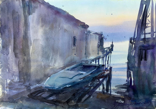 Watercolor painting House by the river Viktor Mikhailichenko