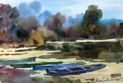 Watercolor painting Boats on the shore Viktor Mikhailichenko