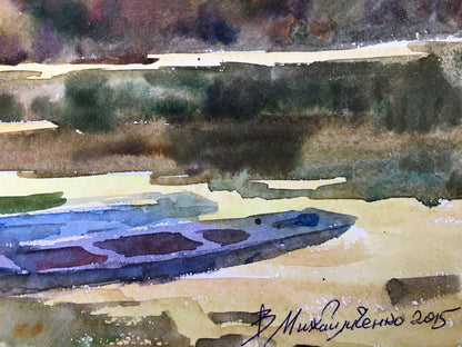Watercolor painting Boats on the shore Viktor Mikhailichenko