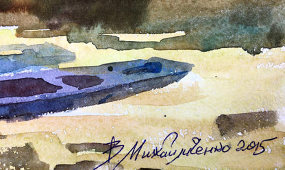 Watercolor painting Boats on the shore Viktor Mikhailichenko