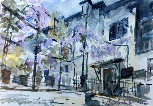 Watercolor painting House view Viktor Mikhailichenko