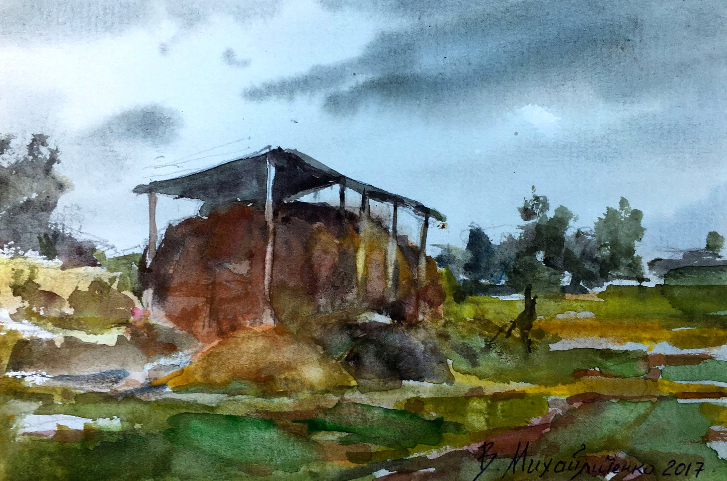Watercolor painting A stack of hay Viktor Mikhailichenko