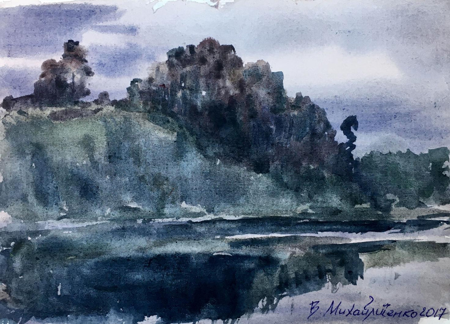 Watercolor painting Twilight by the river Viktor Mikhailichenko