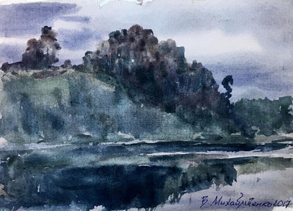 Watercolor painting Twilight by the river Viktor Mikhailichenko