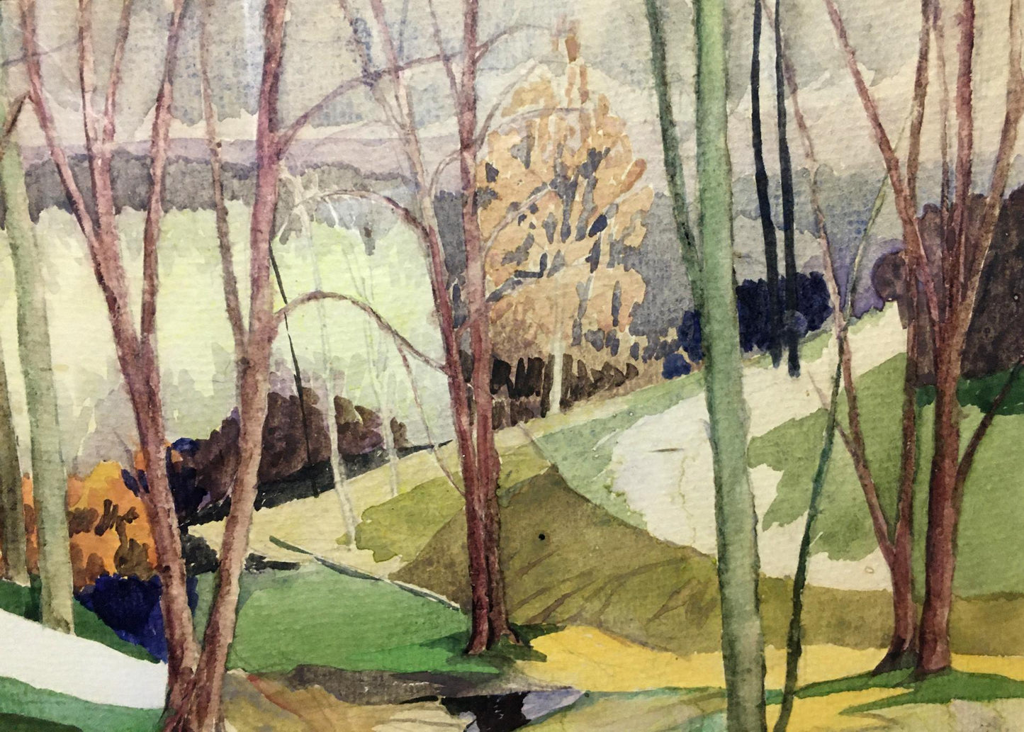 V. Olisevich's watercolor painting portrays the gentle flow of a forest stream
