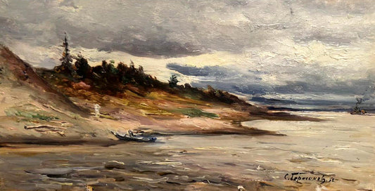 Oil painting There's a boat on the shore Unknown artist