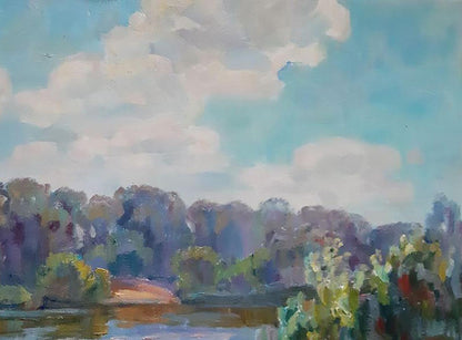 Oil painting Summer River Landscape 