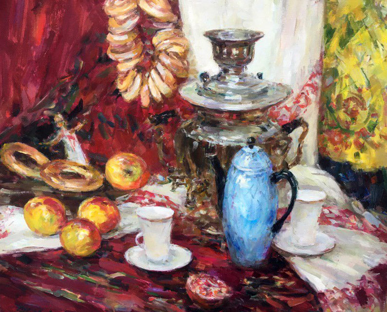 Still life on red oil painting
