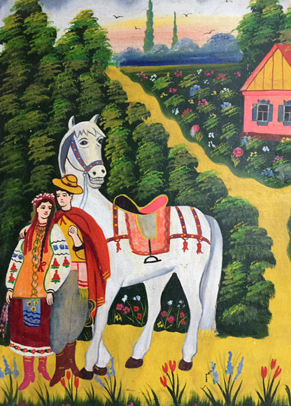 Oil painting Ukrainian naive Mother with a rolling pin