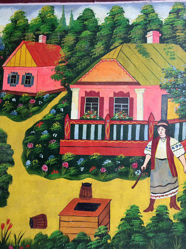 Oil painting Ukrainian naive Mother with a rolling pin