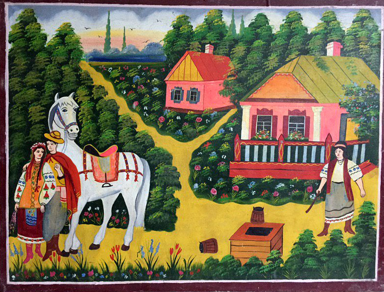 Oil painting Ukrainian naive Mother with a rolling pin