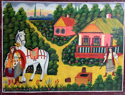 Oil painting Ukrainian naive Mother with a rolling pin