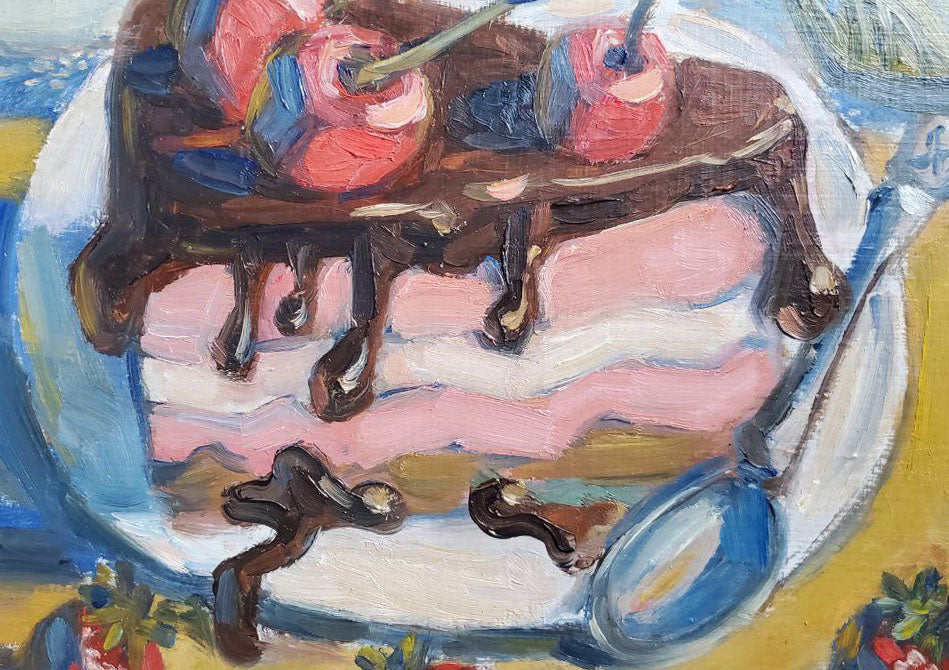 Coastal Indulgence: Litvinov Daniil Olegovich's Oil Painting of Cake on the Beach