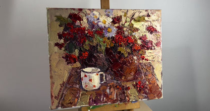 Oil painting Red viburnum and poppies Oksana Ivanyuk